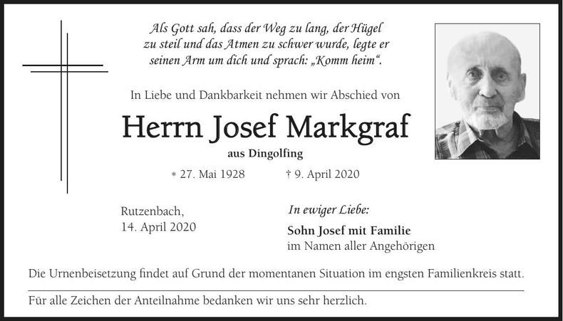 Traueranzeige Josef Markgraf