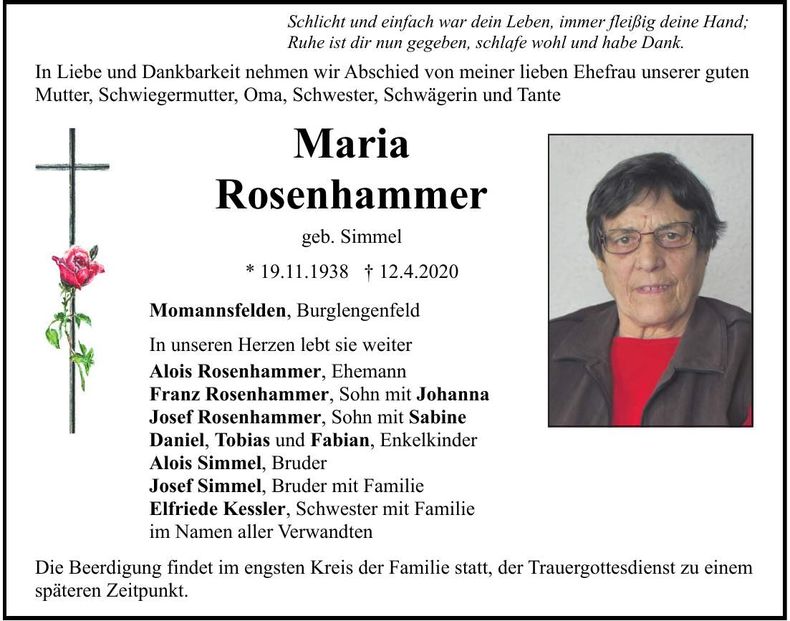 Traueranzeige Maria Rosenhammer