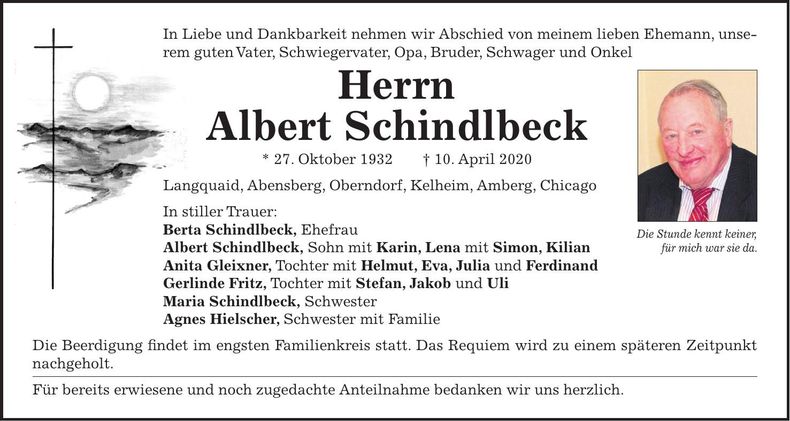 Traueranzeige Albert Schindlbeck