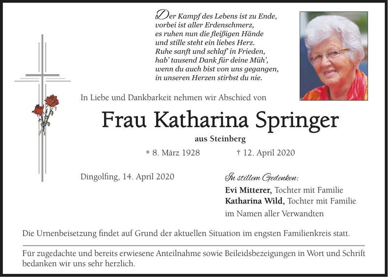 Traueranzeige Katharina Springer