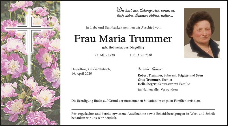 Traueranzeige Maria Trummer