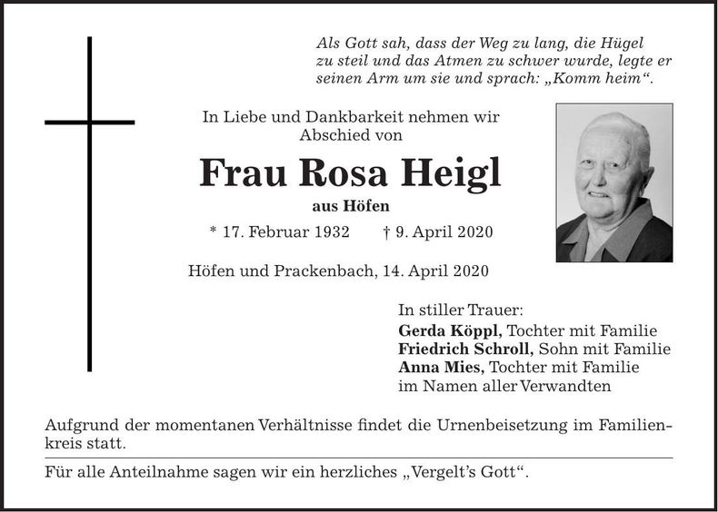 Traueranzeige Rosa Heigl