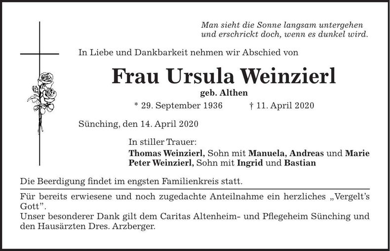 Traueranzeige Ursula Weinzierl