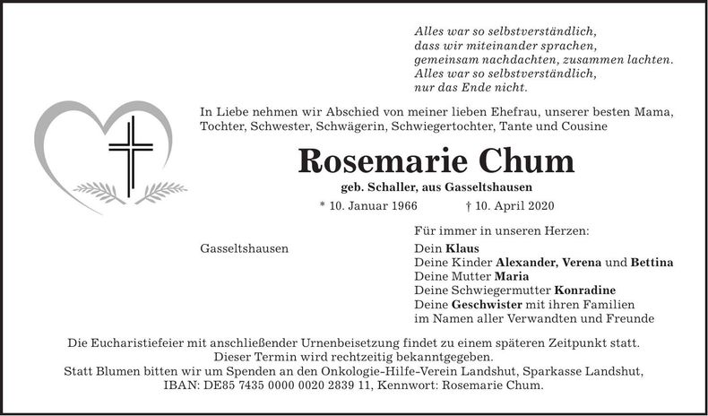 Traueranzeige Rosemarie Chum