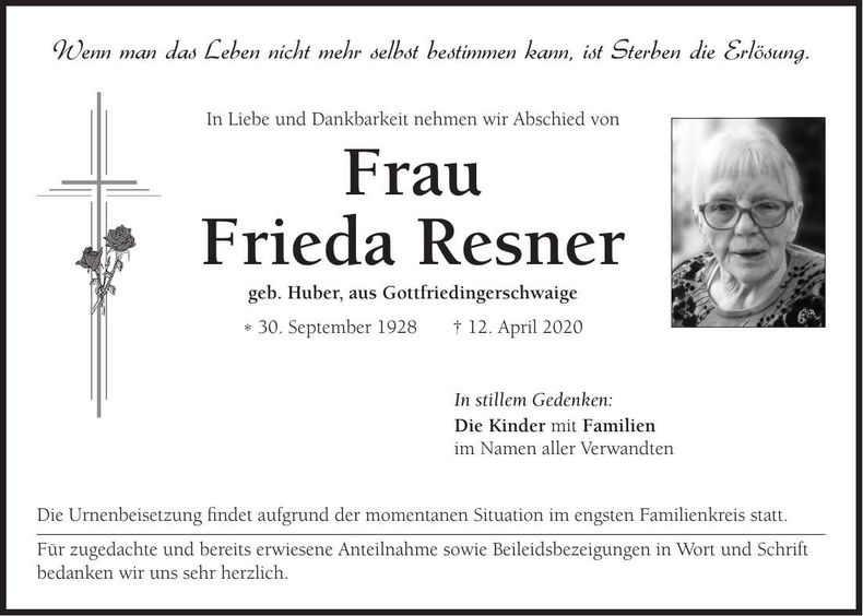 Traueranzeige Frieda Resner