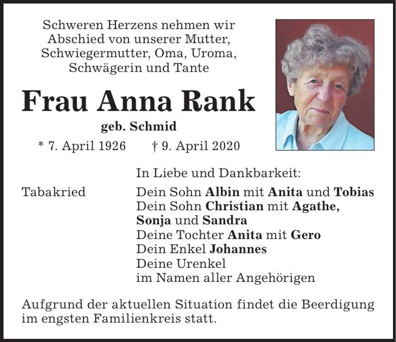 Traueranzeige Anna Rank