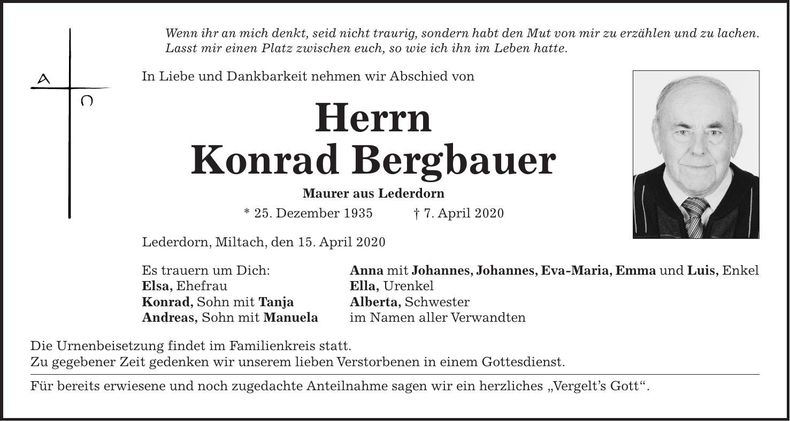 Traueranzeige Konrad Bergbauer