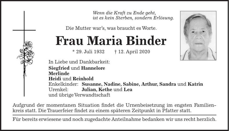 Traueranzeige Maria Binder