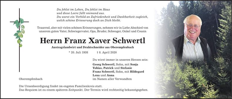 Traueranzeige Franz Xaver Schwertl