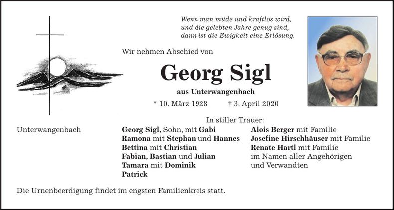 Traueranzeige Georg Sigl