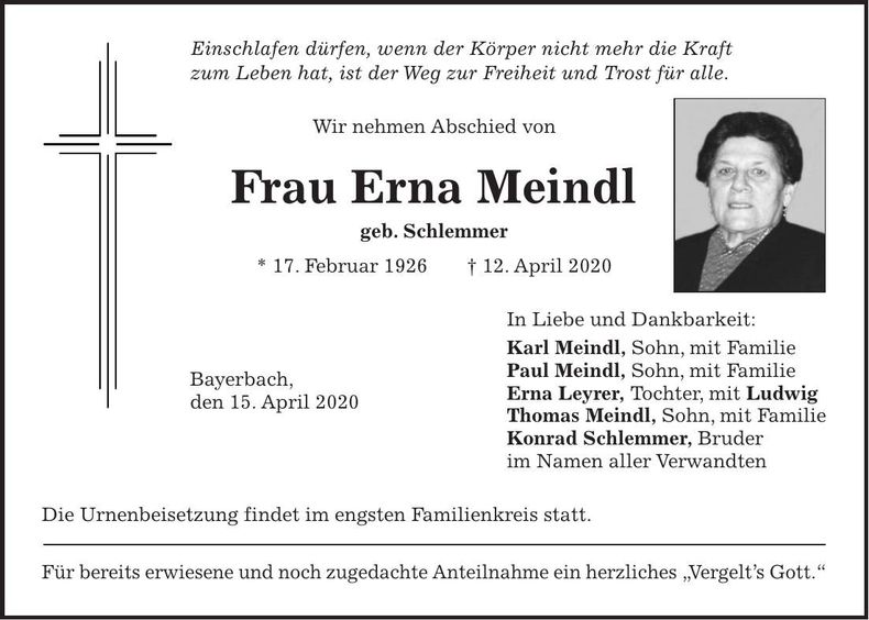Traueranzeige Erna Meindl