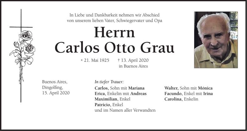 Traueranzeige Carlos Otto Grau