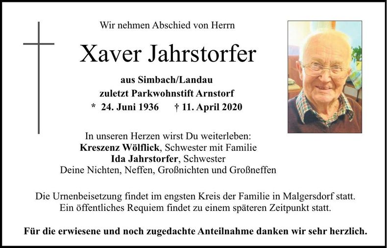 Traueranzeige Xaver Jahrstorfer