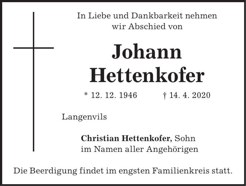 Traueranzeige Johann Hettenkofer