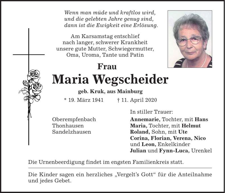 Traueranzeige Maria Wegscheider