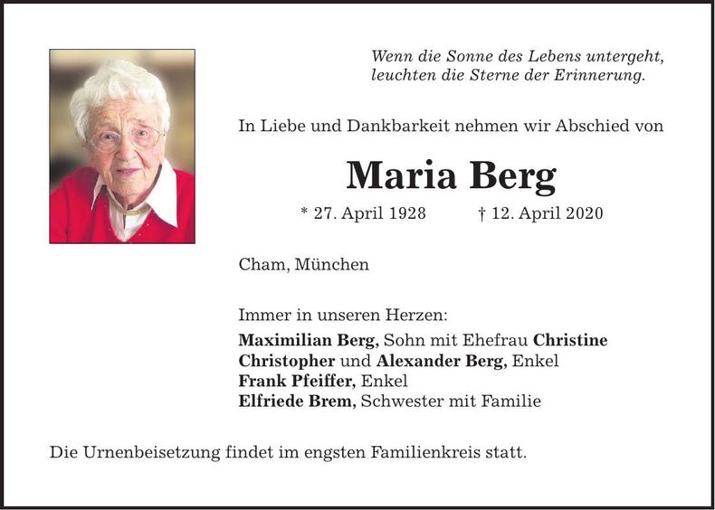 Traueranzeige Maria Berg