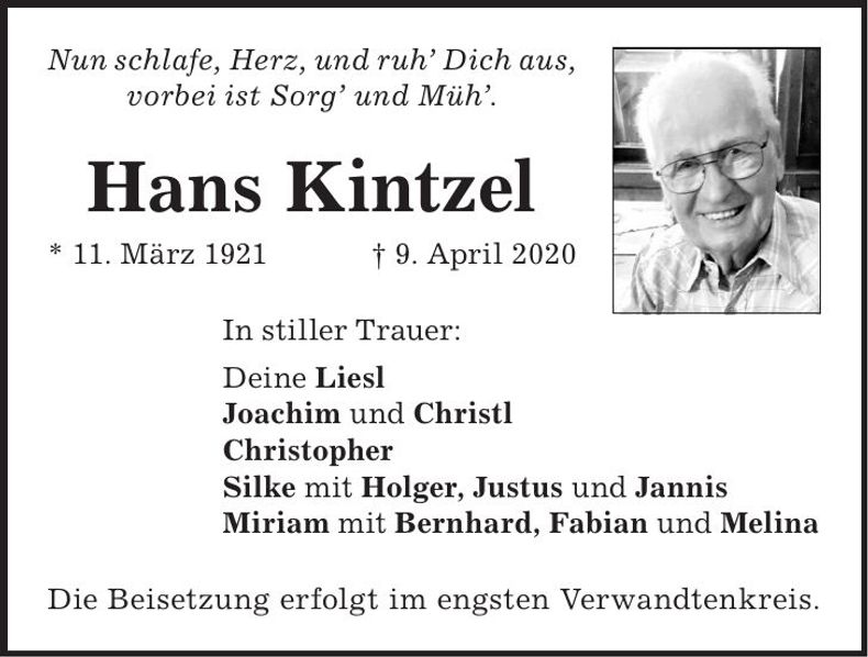 Traueranzeige Hans Kintzel