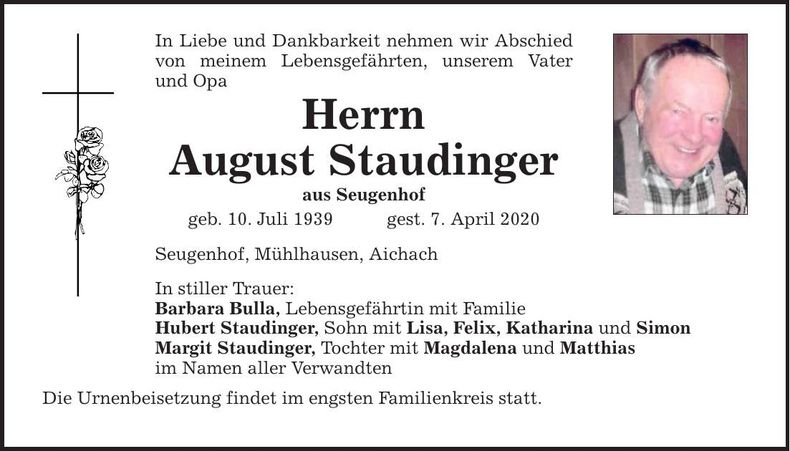 Traueranzeige August Staudinger