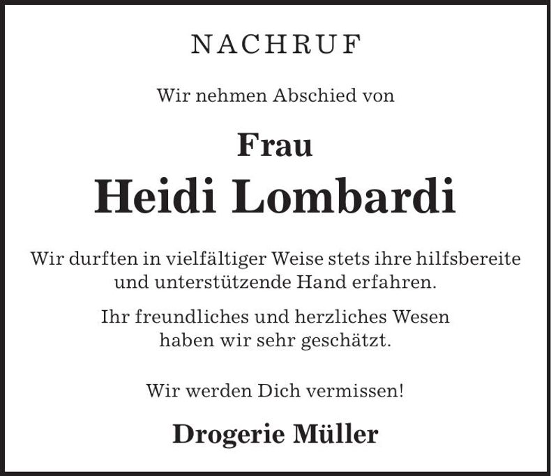 Traueranzeige Heidi Lombardi