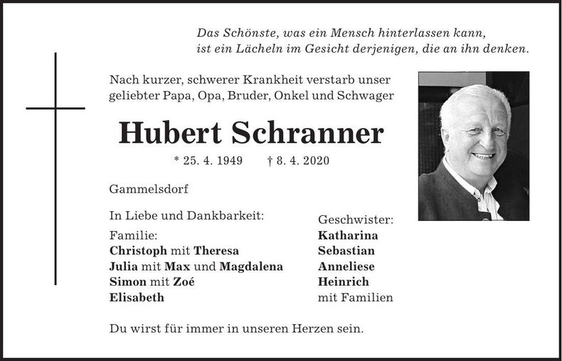 Traueranzeige Hubert Schranner