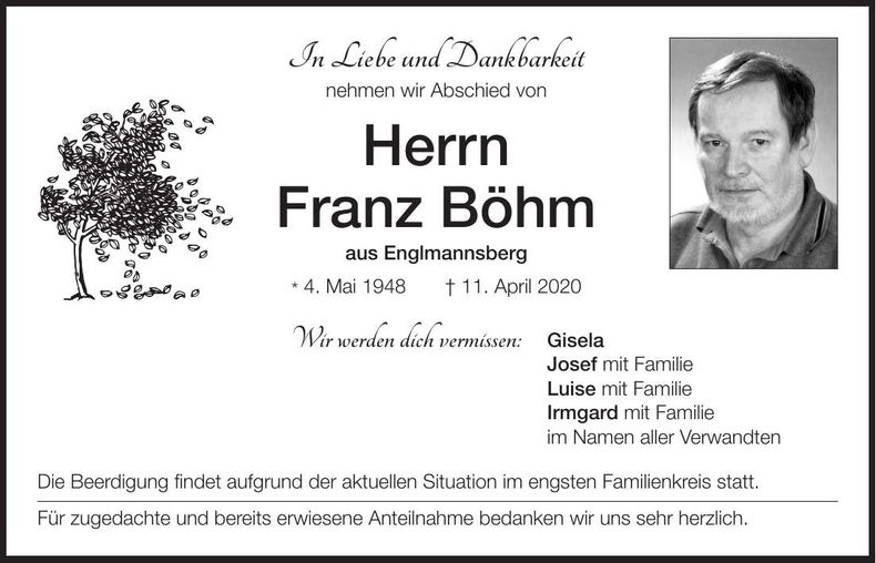 Traueranzeige Franz Böhm