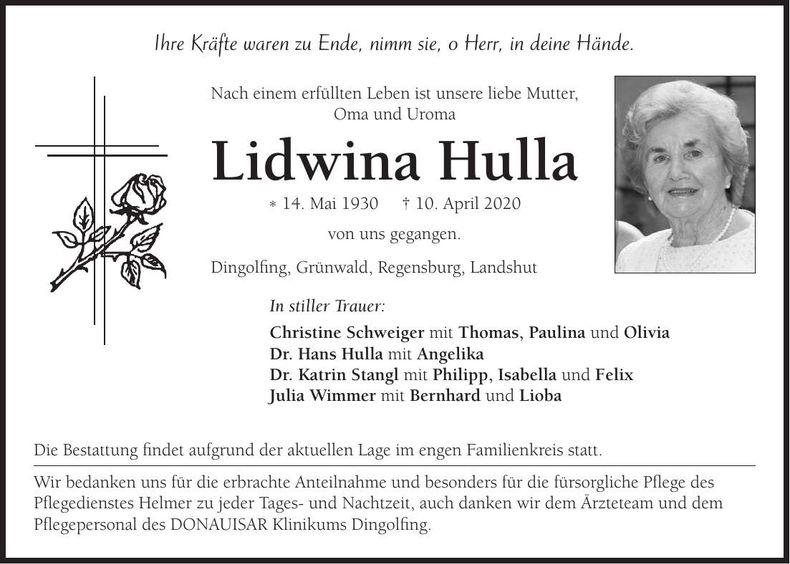 Traueranzeige Lidwina Hulla