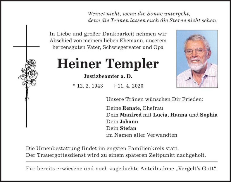 Traueranzeige Heiner Templer