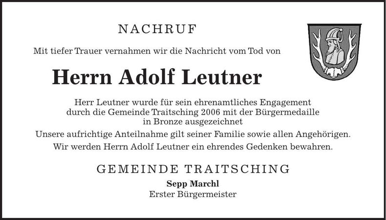 Traueranzeige Adolf Leutner
