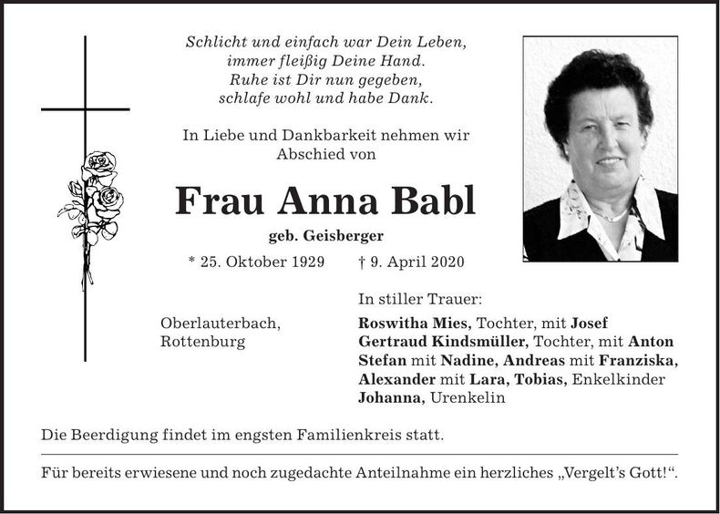 Traueranzeige Anna Babl