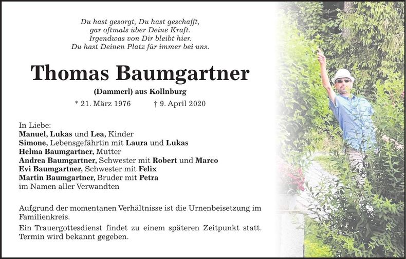 Traueranzeige Baumgartner Thomas