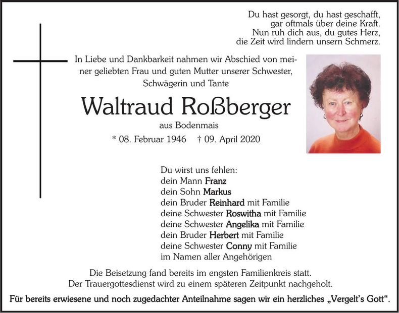 Traueranzeige Roßberger Waltraud