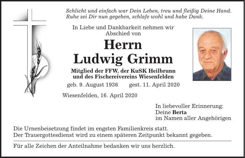 Traueranzeige Ludwig Grimm