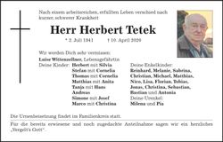 Traueranzeige Herbert Tetek