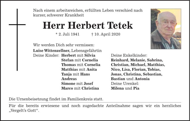 Traueranzeige Herbert Tetek