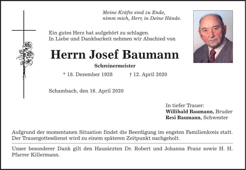 Traueranzeige Josef Baumann