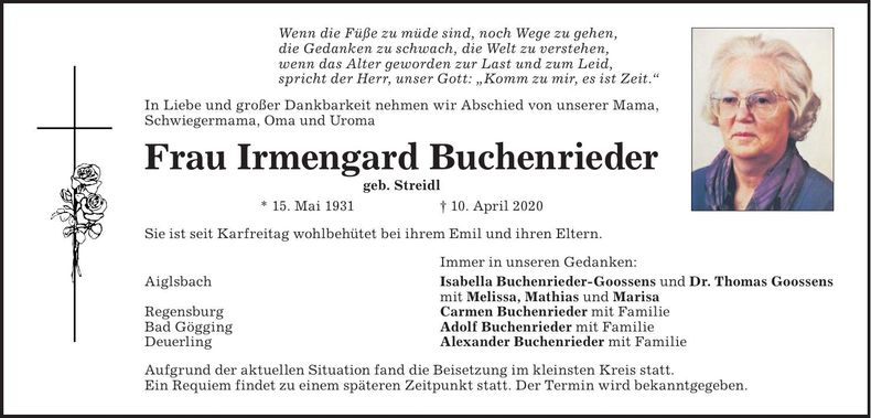 Traueranzeige Irmengard Buchenrieder