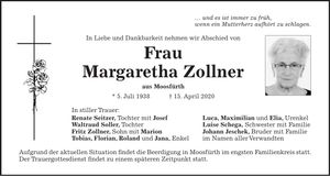 Traueranzeige Margaretha Zollner
