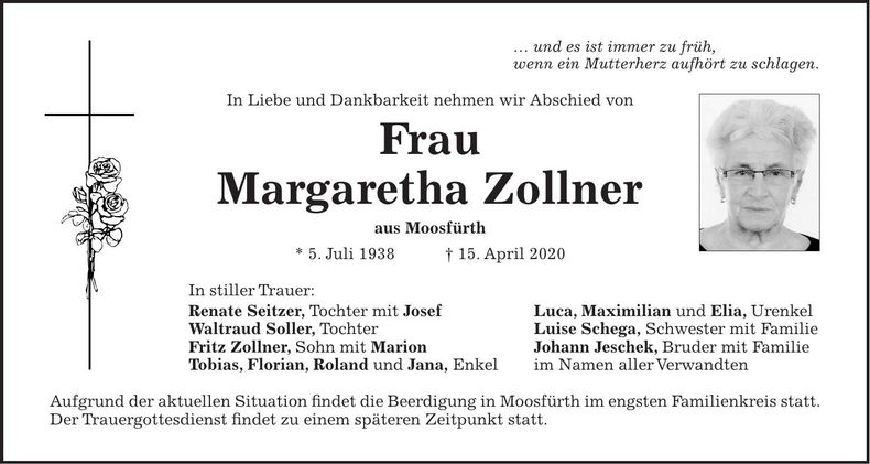 Traueranzeige Margaretha Zollner