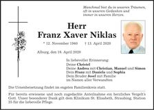 Traueranzeige Franz Xaver Niklas