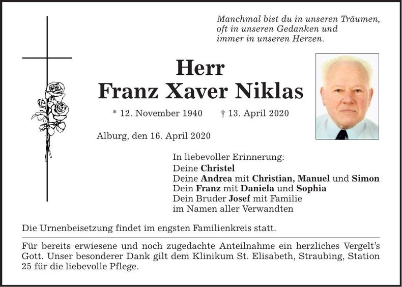 Traueranzeige Franz Xaver Niklas