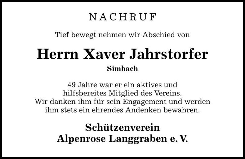 Traueranzeige Xaver Jahrstorfer