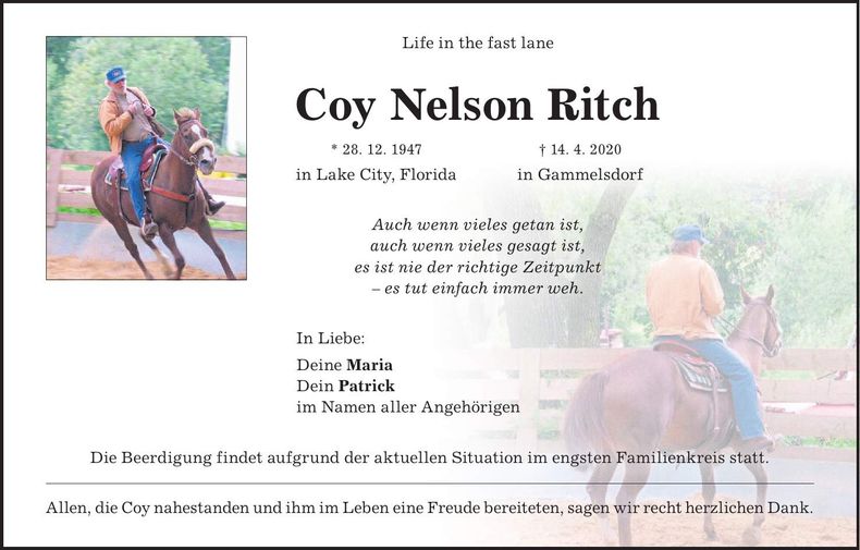 Traueranzeige Coy Nelson Ritch