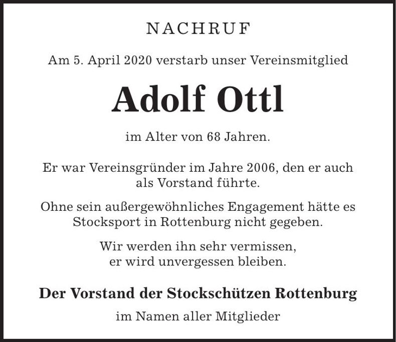 Traueranzeige Adolf Ottl