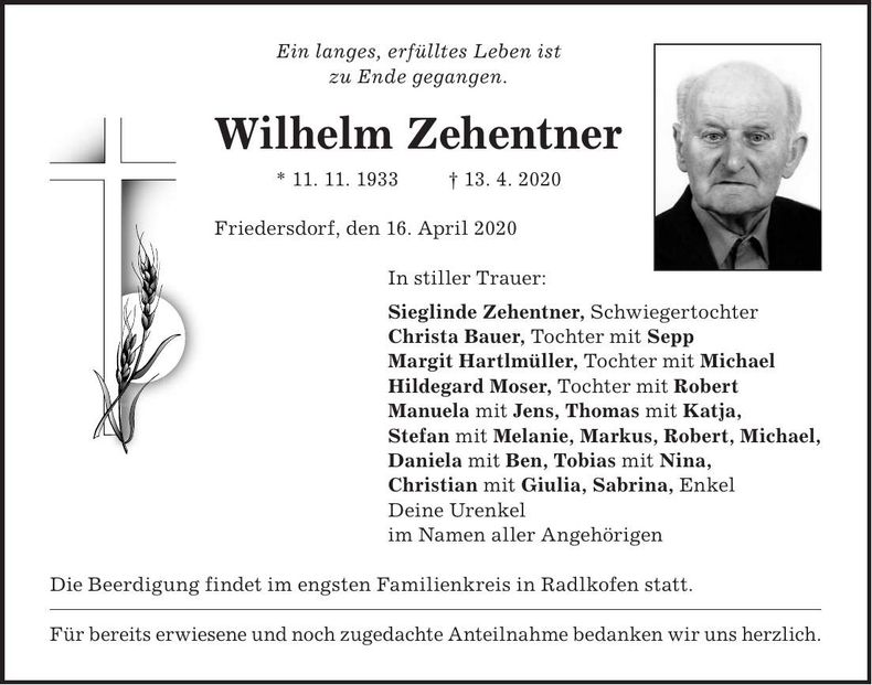 Traueranzeige Zehentner Wilhelm