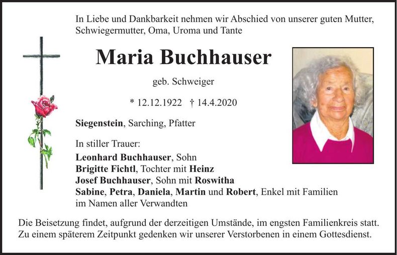 Traueranzeige Maria Buchhauser