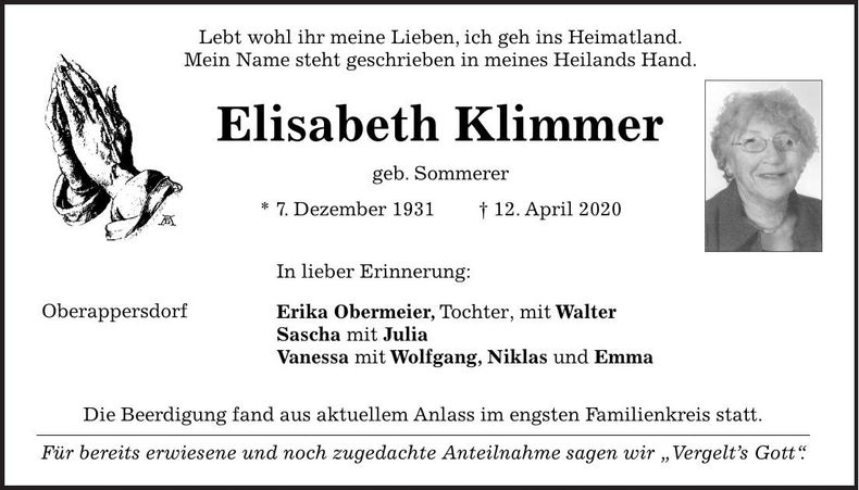 Traueranzeige Elisabeth Klimmer
