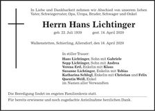 Traueranzeige Hans Lichtinger