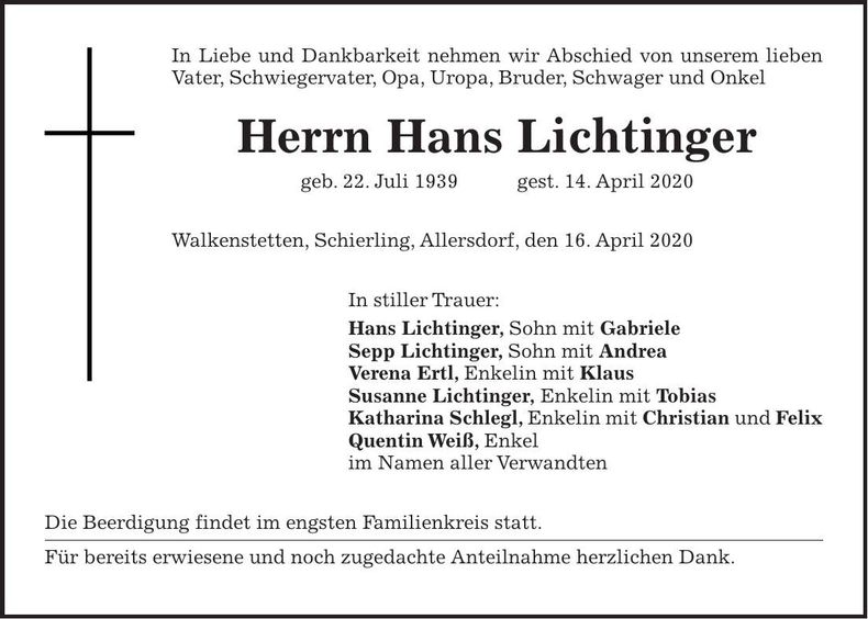 Traueranzeige Hans Lichtinger