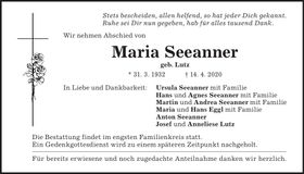 Traueranzeige Maria Seeanner