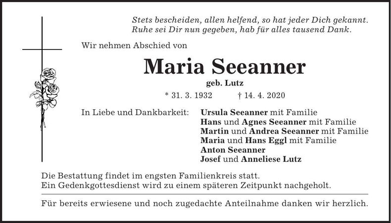 Traueranzeige Maria Seeanner